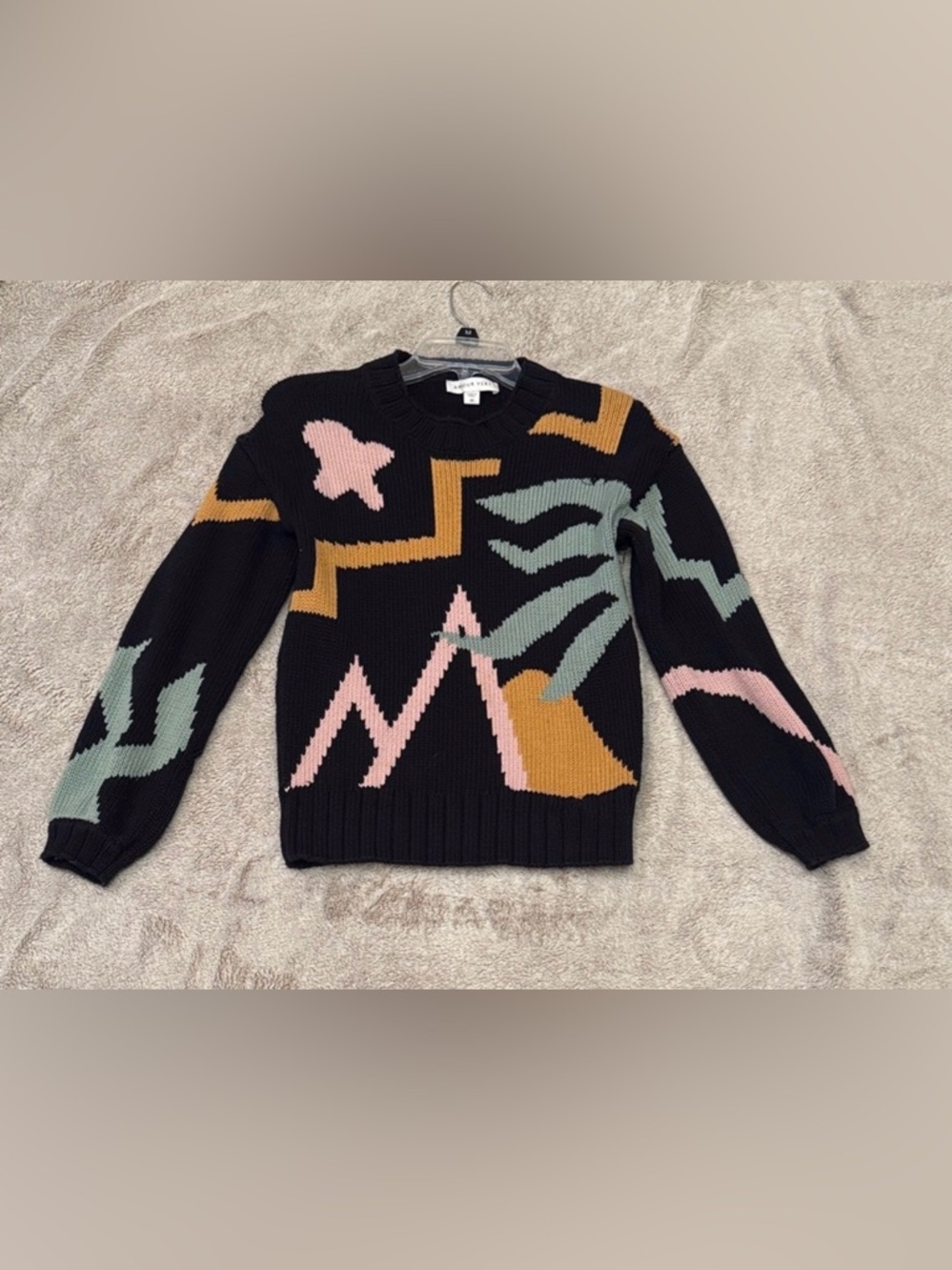 Amour Vert Black Sweater with Abstract Pink, Green, and Orange Design